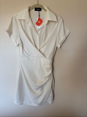 Cider Cream Short-Sleeve Faux-Wrap Mini Dress